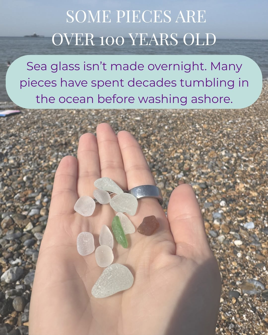 Sea glass pieces held in a hand on Herne Bay beach, explaining that some pieces are over 100 years old.